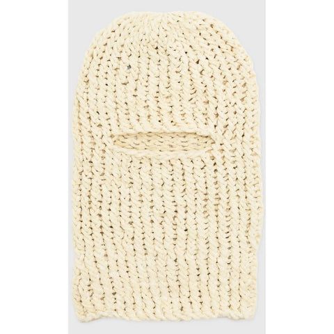 Chunky knit balaclava with single eye opening laid flat on white background