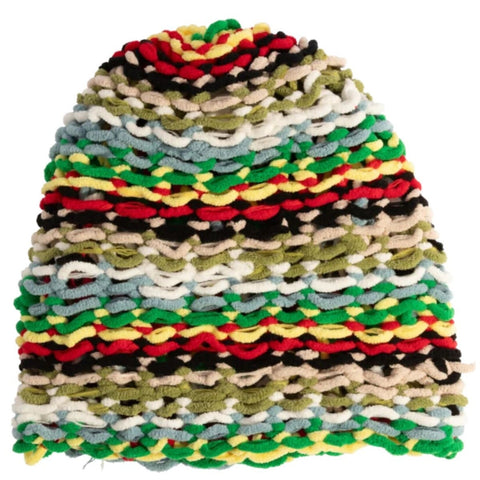 Chunky hand-knitted beanie hat with multicolor looped yarn stripes in various hues