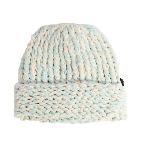 Chunky knit cuffed beanie with two-tone twisted yarn and folded brim