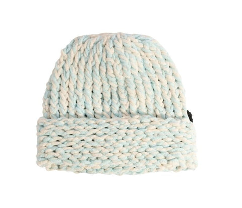 Chunky knit cuffed beanie in two-tone twisted yarn with folded brim