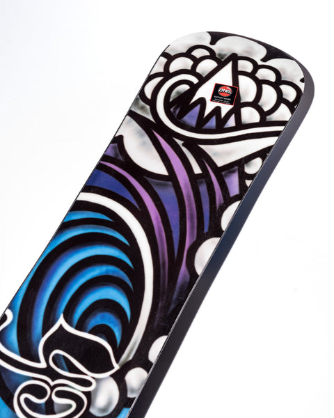 Close-up detail of a snowboard deck featuring bold graphic artwork with blue, purple, and black swirling patterns