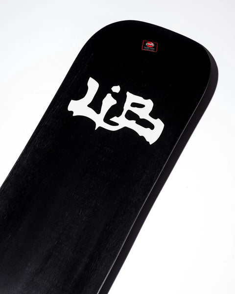 Lib Tech snowboard with white brand logo on black top sheet, angled close-up view