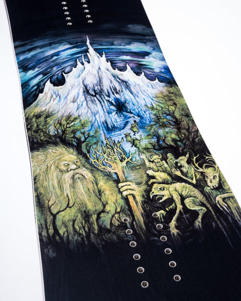 Close-up detail of Lib Tech Skunk Ape snowboard base featuring fantasy forest artwork with mythical creatures