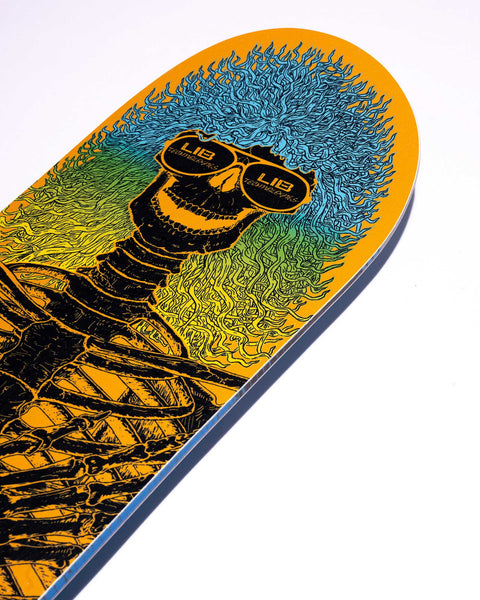 Lib Tech Doughboy snowboard detail showing skull graphic with sunglasses and wild hair design