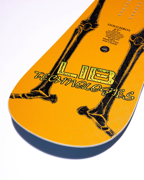 Lib Tech Doughboy snowboard top sheet detail showing skeleton graphic and brand logo
