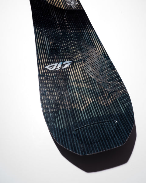 Lib Tech Apex Orca II snowboard tip detail showing textured graphic base construction