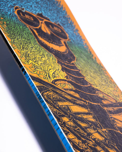 Close-up detail of Lib Tech Doughboy snowboard deck showing vibrant graphic top sheet