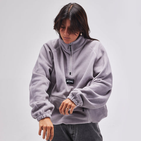 Model wearing Method Mag quarter-zip fleece pullover with elasticated cuffs and branded patch label