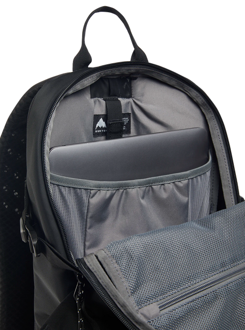 Burton Day Hiker black backpack open showing padded laptop sleeve and gray interior