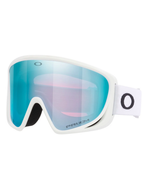 Oakley ski goggle with white frame and blue Prizm lens shown at an angle