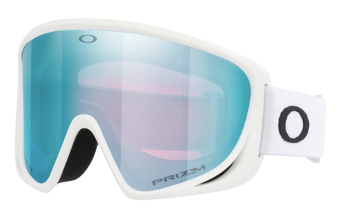 Oakley ski goggle with white frame and iridescent blue Prizm lens, angled three-quarter view