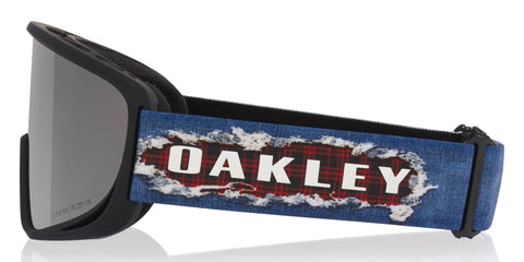Oakley ski goggle with dark lens and denim-style strap featuring ripped plaid pattern design
