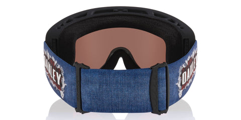 Oakley ski goggle rear view showing denim-patterned strap with bold logo graphic