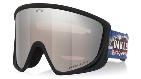 Oakley ski goggle with black frame, mirrored Prizm lens, and graphic patterned strap