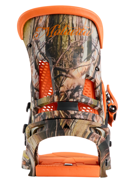 Burton Malavita X snowboard bindings in camo print with orange accents