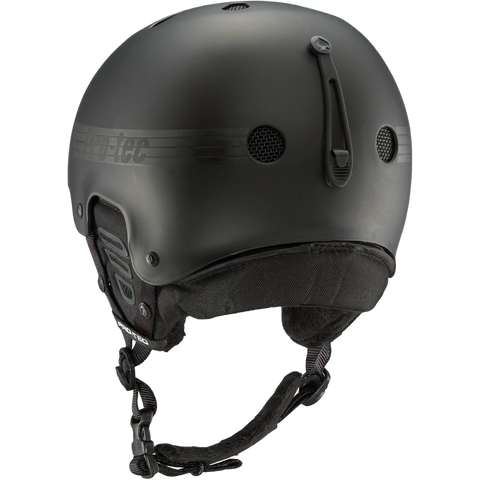 Pro-tec snow helmet shown from rear angle with chin strap and ventilation ports