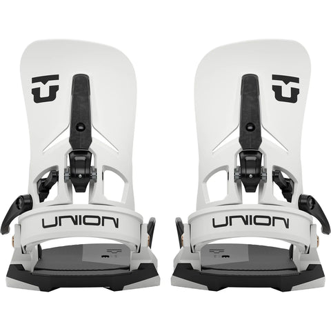 Union Atlas Step On snowboard bindings in white with black accents, pair shown