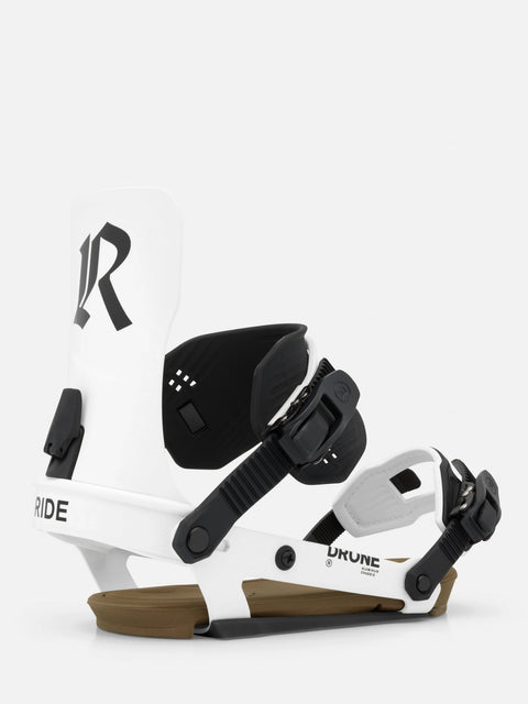 Ride Drone snowboard bindings in white and black with gum basepad, aluminum chassis