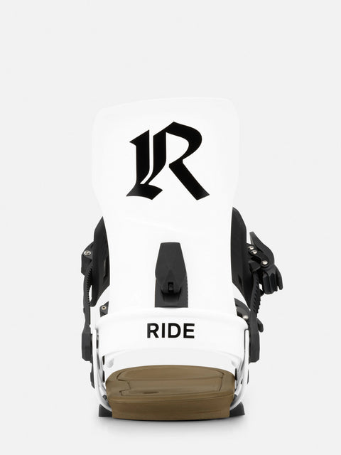 Ride Men's Drone Snowboard Bindings in white and black with tan footbed