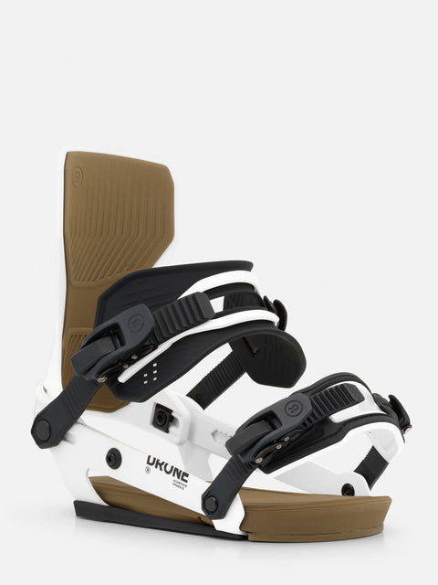 Ride Drone snowboard bindings in white with black straps and gum basepad