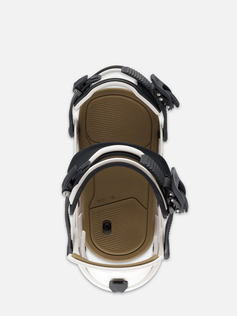 Ride Men's Drone snowboard bindings in white and black with tan footbeds, top view
