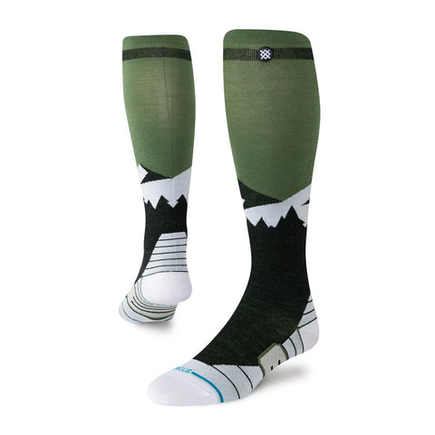 Stance tall wool ski socks with mountain graphic design, shown front and back views