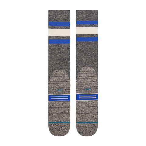 Pair of gray crew socks with blue and cream stripes and cushioned sole detail