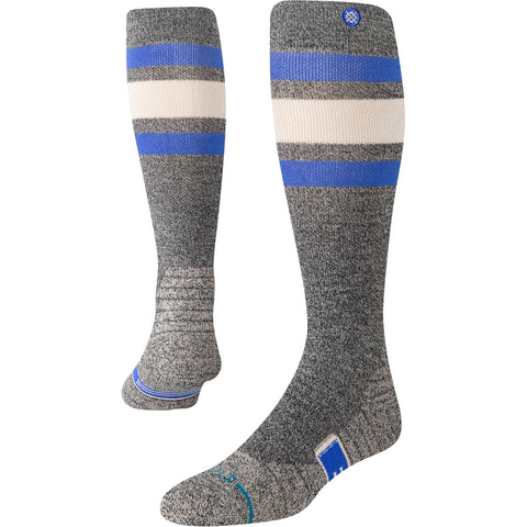 Stance over-the-calf wool socks in heathered gray with bold blue and white stripes near cuff