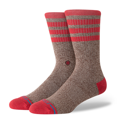 Stance crew socks with red striped cuff, red toe and heel, and heathered brown body