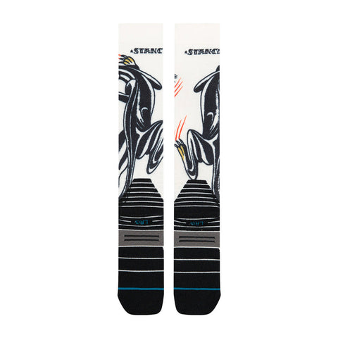 Stance crew socks with bold black penguin graphic on cream white background