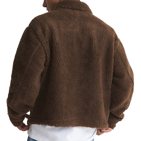 Back view of men's high pile sherpa fleece jacket in warm brown with collar