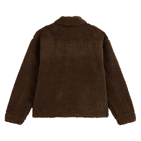 Back view of a men's sherpa fleece jacket with collar and long sleeves