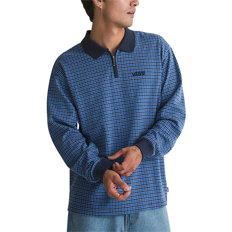 Man wearing Vans long sleeve knit polo with quarter-zip and blue plaid pattern