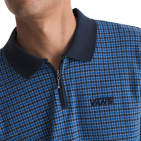 Close-up detail of Vans men's long sleeve knit with quarter-zip collar and plaid pattern