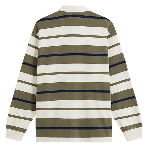 Back view of a long-sleeve striped rugby shirt with olive, cream, and navy horizontal stripes
