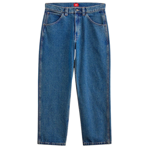 Vans men's loose fit denim jeans with five-pocket styling and button closure, front view